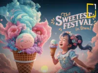 cute dreamy young girl eating ice cream in icecream festival