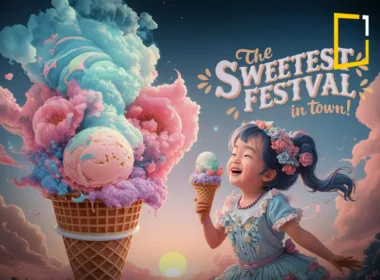 cute dreamy young girl eating ice cream in icecream festival