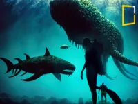 sea monsters with divers deep down in ocean