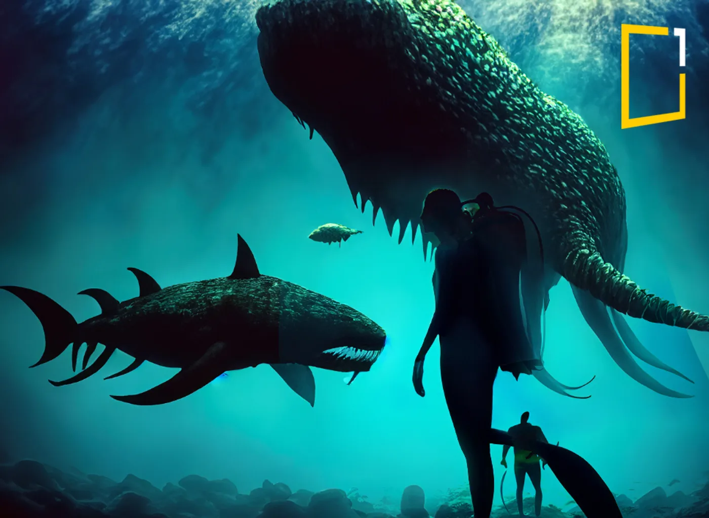 sea monsters with divers deep down in ocean