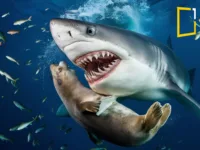 shark hunt seal on acean with fishes around