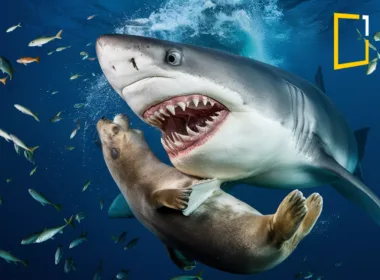 shark hunt seal on acean with fishes around