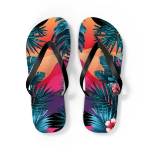 Tropical Paradise Palm & Sunset Flip Flops, Summer Vibes Flip Flops, dreamy beach wear