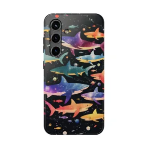 Whimsical Cosmic Sharks Phone Case, Playful Space Adventure Shark Phone Cover, Fish iPhone Samsung Case