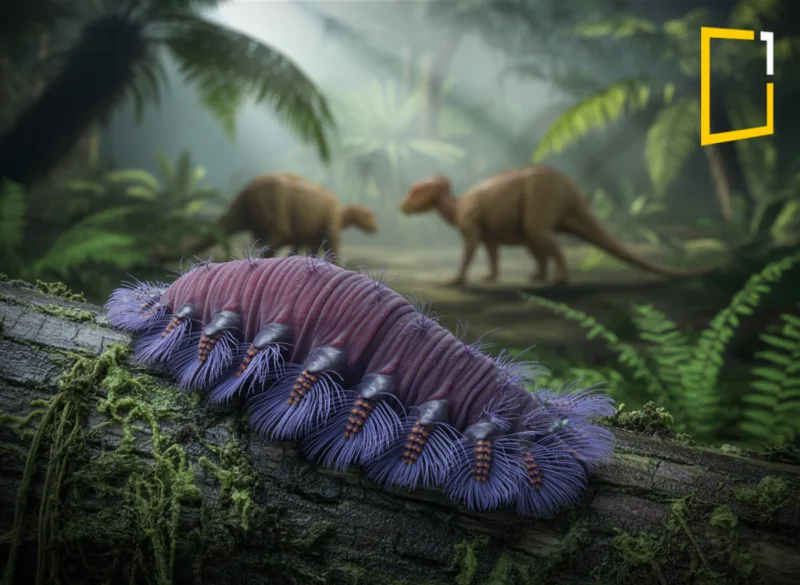 velvet worm in a rain forest with dinos